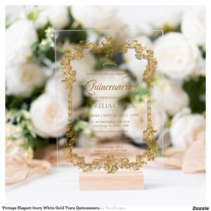 Vintage Elegant Ivory White Gold Tiara Quinceanera Acrylic Invitations