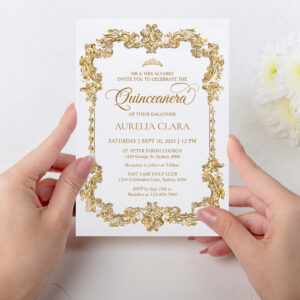 Vintage Elegant Ivory White Gold Tiara Quinceanera Invitation