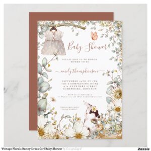Vintage Florals Bunny Dress Girl Baby Shower Invitation