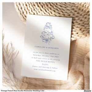 Vintage French Blue Doodle Minimalist Wedding Cake Invitation