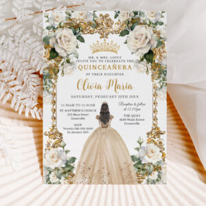 Vintage Ivory Champagne Floral Dress Quinceanera Invitation
