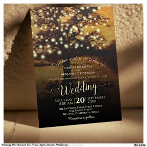 Vintage Parchment Fall Tree Lights Rustic Wedding Invitation
