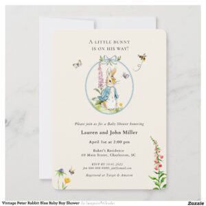 Vintage Peter Rabbit Blue Baby Boy Shower Invitation