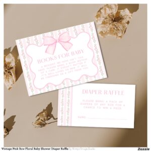 Vintage Pink Bow Floral Baby Shower Diaper Raffle Enclosure Card