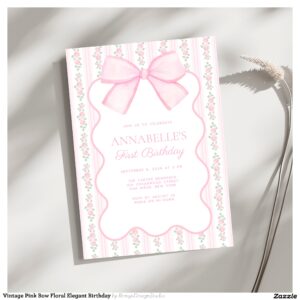 Vintage Pink Bow Floral Elegant Birthday Invitation