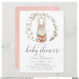 Vintage Rabbit Botanical Pink Girl Baby Shower Invitation