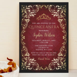 Vintage Red Gold Princess Tiara Quincea?era Invitation