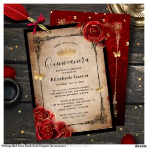 Vintage Red Rose Black Gold Elegant Quinceanera Invitation