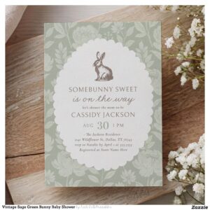 Vintage Sage Green Bunny Baby Shower Invitation