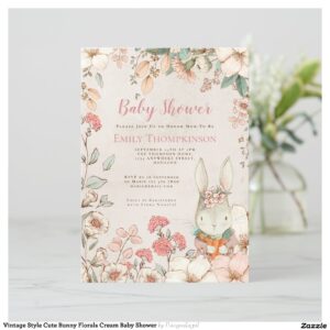 Vintage Style Cute Bunny Florals Cream Baby Shower Invitation