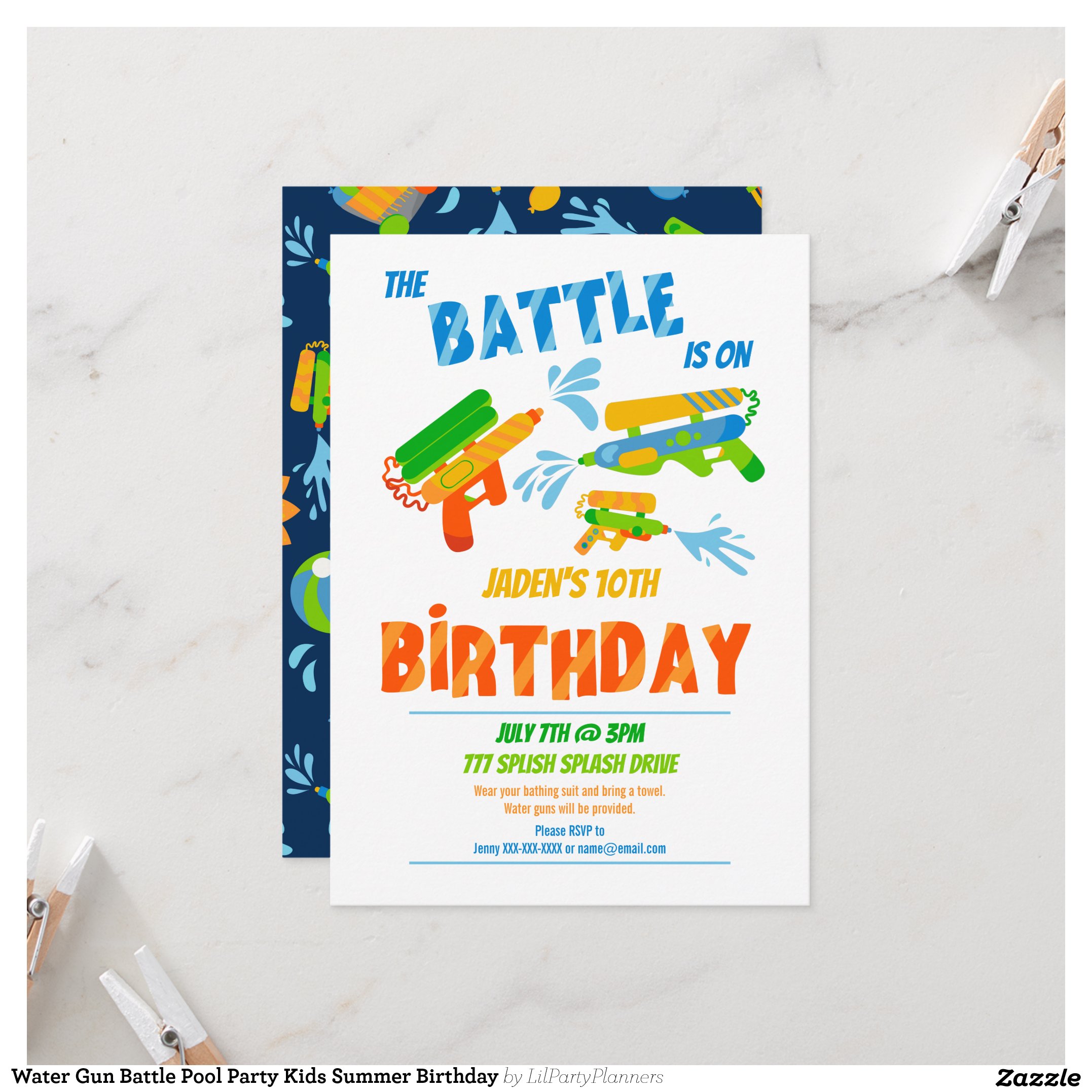Water Gun Battle Pool Party Kids Summer Birthday Invitation