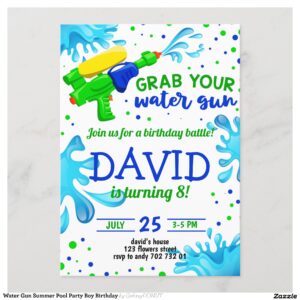 Water Gun Summer Pool Party Boy Birthday Invitation