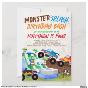 Water Slide Monster Truck Birthday Invitation