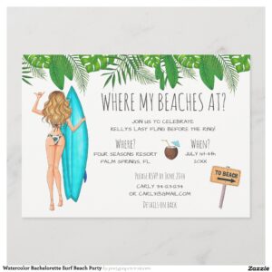 Watercolor Bachelorette Surf Beach Party Invitation