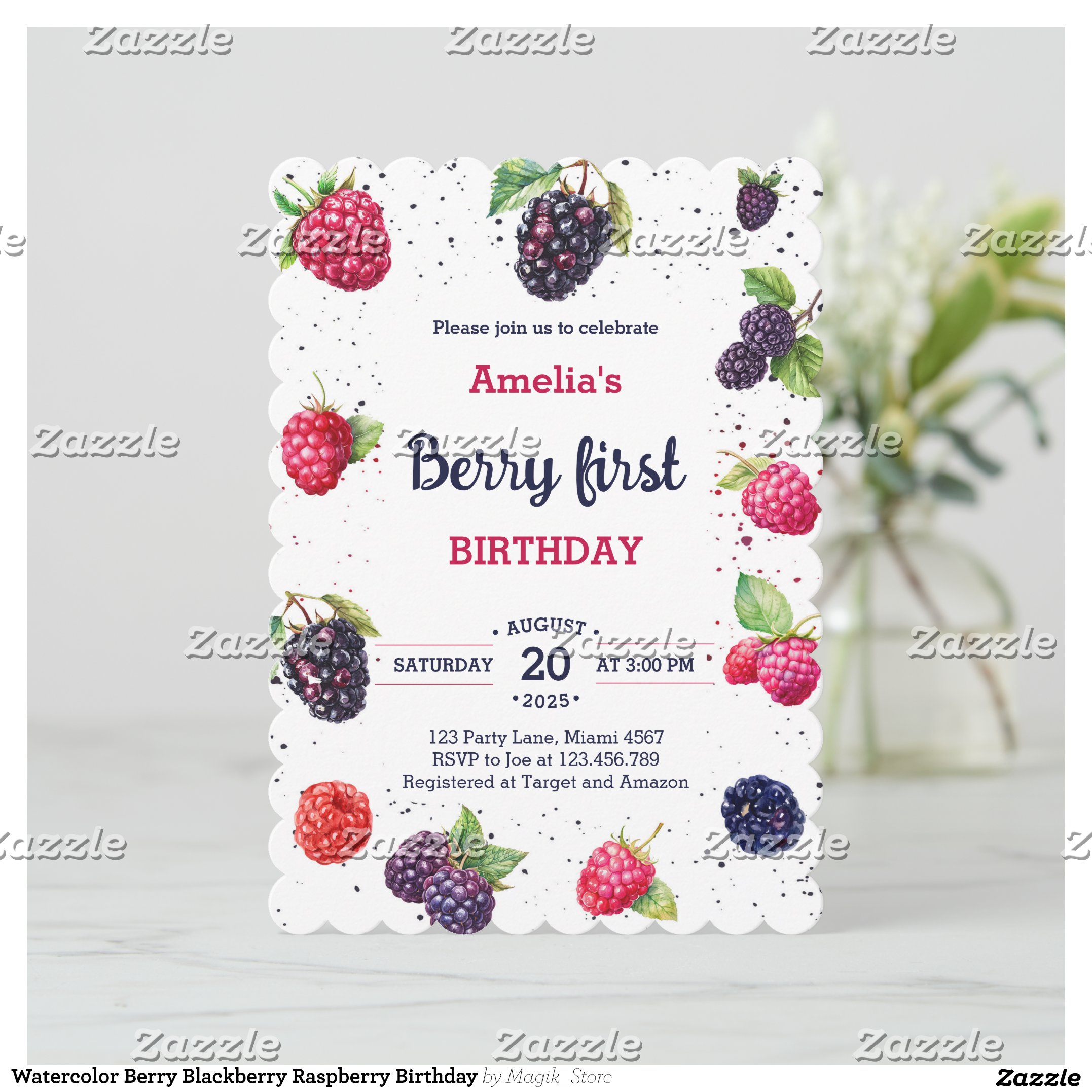 Watercolor Berry Blackberry Raspberry Birthday Invitation