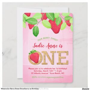 Watercolor Berry Sweet Strawberry 1st Birthday Invitation