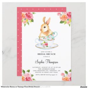 Watercolor Bunny on Teacups Floral Bridal Brunch Invitation