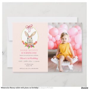 Watercolor Bunny rabbit with photo 1st birthday Invitation