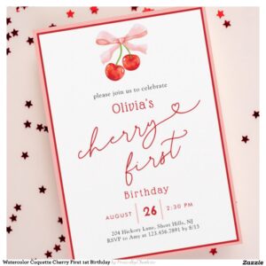 Watercolor Coquette Cherry First 1st Birthday Invitation