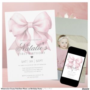 Watercolor Dusty Pink Bow Photo 1st Birthday Party Invitation