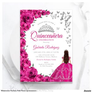 Watercolor Fuchsia Pink Floral Quinceanera Invitation