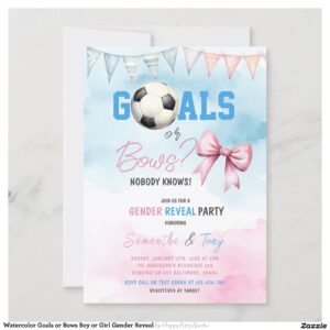 Watercolor Goals or Bows Boy or Girl Gender Reveal Invitation