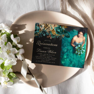 Watercolor Gold Green Floral Quinceanera Photo Invitation