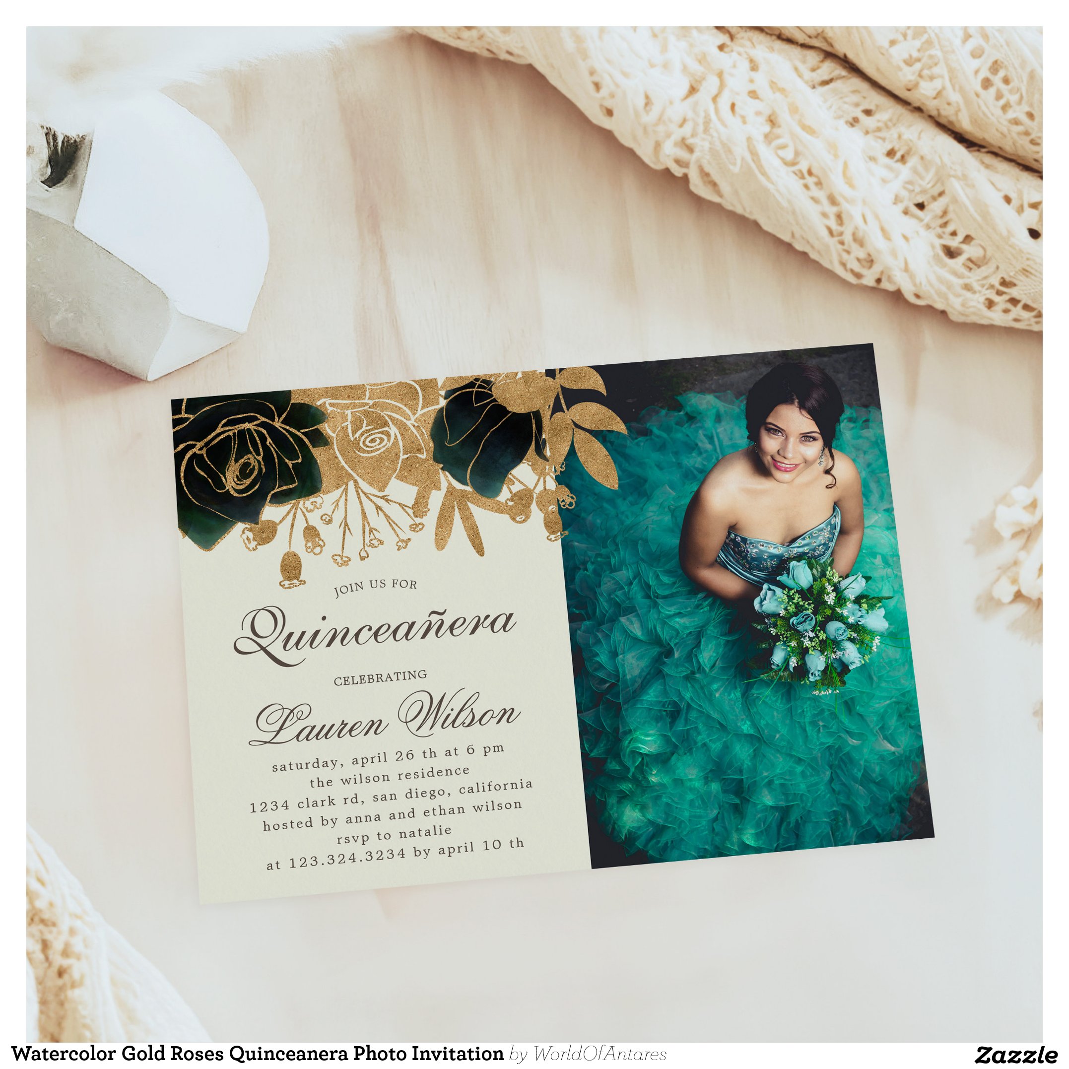 Watercolor Gold Roses Quinceanera Photo Invitation
