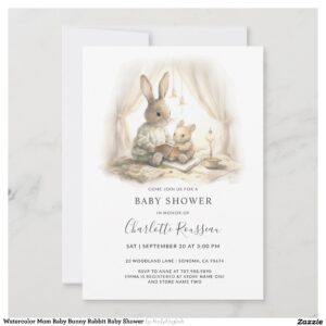 Watercolor Mom Baby Bunny Rabbit Baby Shower Invitation