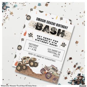 Watercolor Monster Truck Boys Birthday Party Invitation
