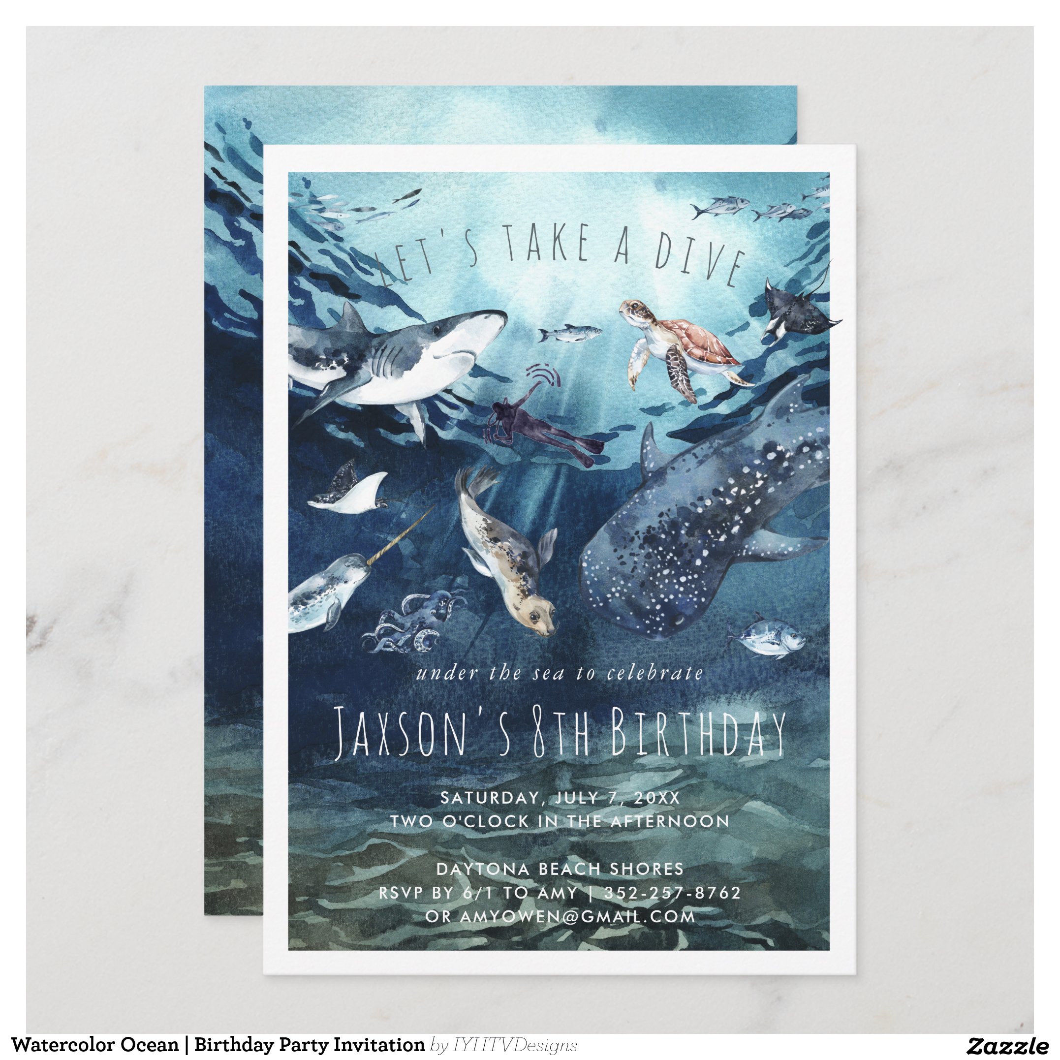 Watercolor Ocean Birthday Party Invitation