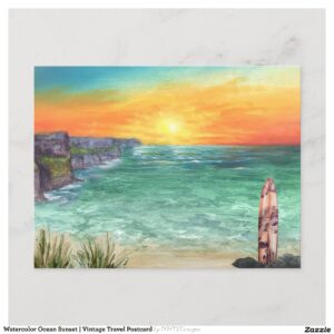 Watercolor Ocean Sunset Vintage Travel Postcard