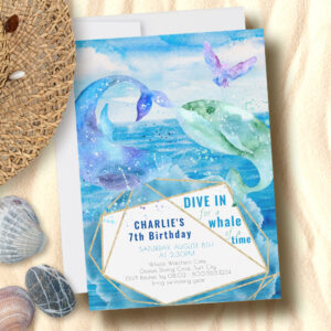 Watercolor Ocean Whale Any Age Birthday Invitation