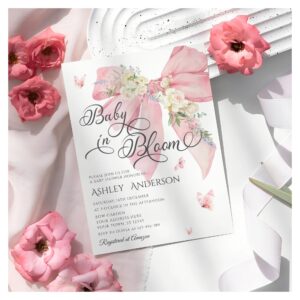 Watercolor Pink Bow Pastel Floral Baby Shower Invitation