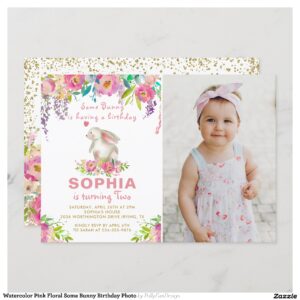 Watercolor Pink Floral Some Bunny Birthday Photo Invitation