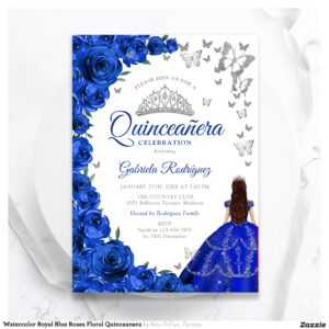 Watercolor Royal Blue Roses Floral Quinceanera Invitation