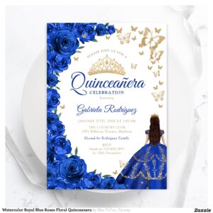 Watercolor Royal Blue Roses Floral Quinceanera Invitation