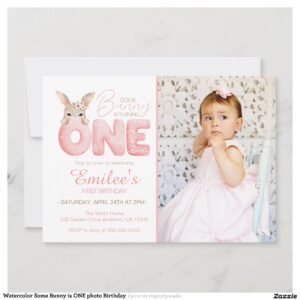 Watercolor Some Bunny is ONE photo Birthday Invitation