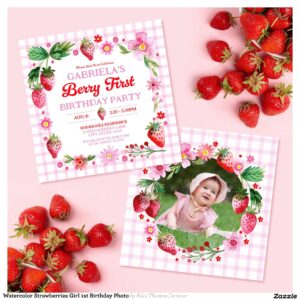 Watercolor Strawberries Girl 1st Birthday Photo Invitation