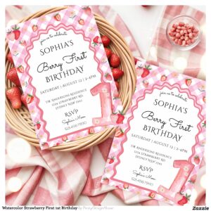 Watercolor Strawberry First 1st Birthday Invitation