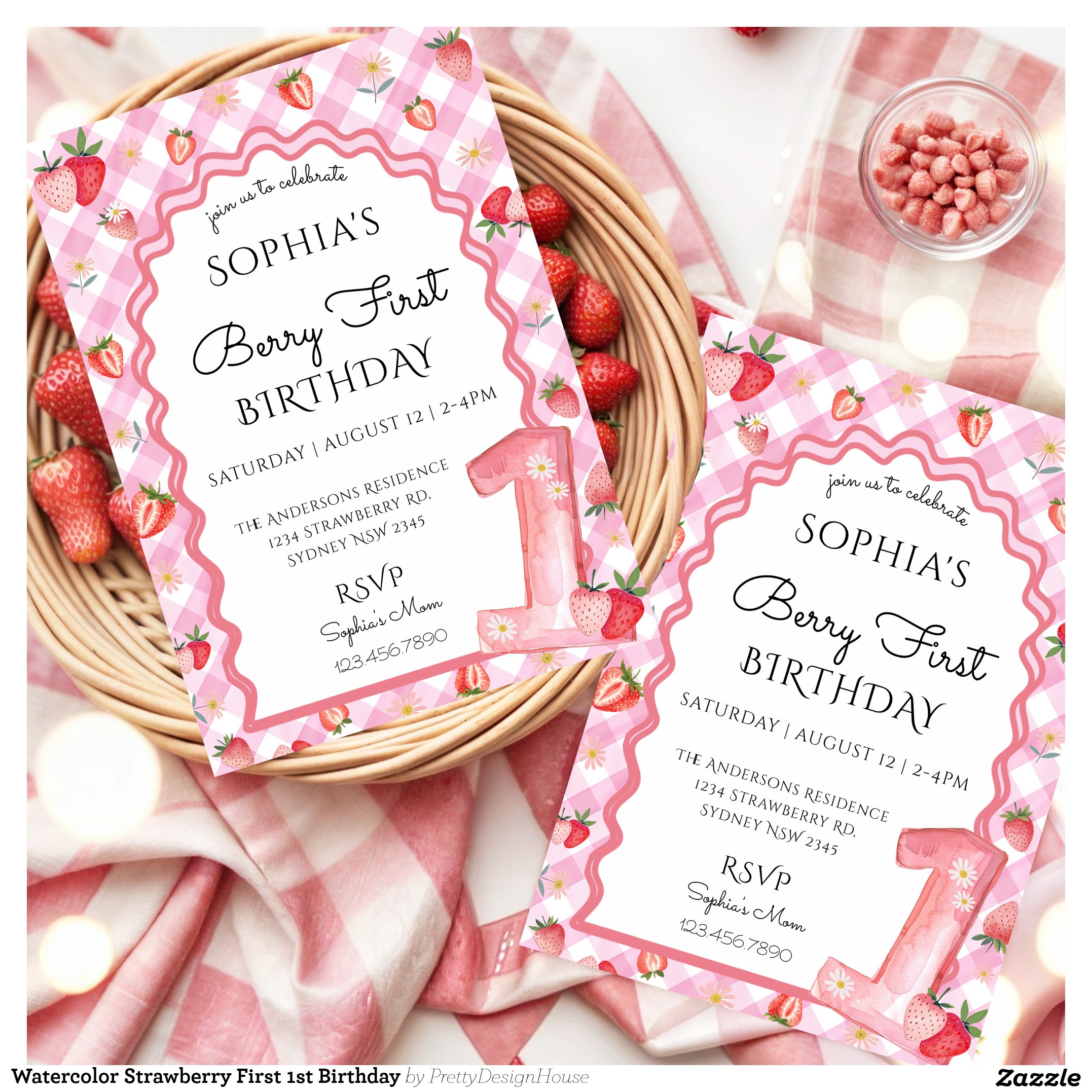 Watercolor Strawberry First 1st Birthday Invitation