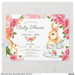 Watercolor Sweet Bunny Baby Shower Tea Party Invitation
