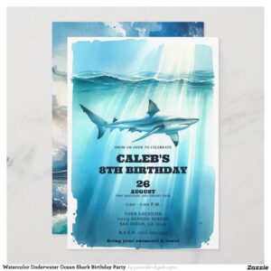 Watercolor Underwater Ocean Shark Birthday Party Invitation