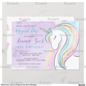 Watercolor Unicorn Magical Day Girl's Birthday Invitation