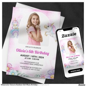 Watercolor Unicorn Rainbow Girl Photo Birthday Invitation