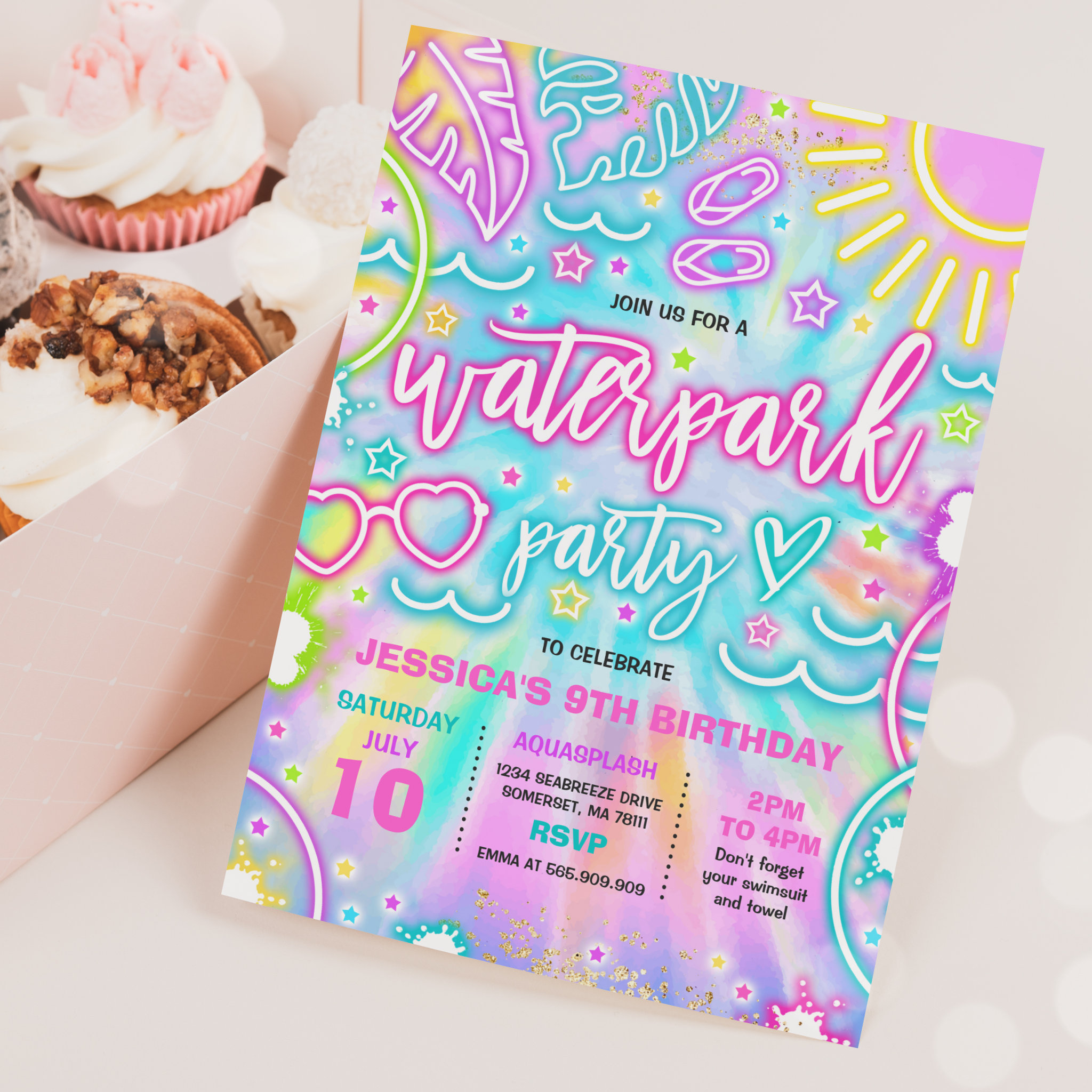 Waterpark Splash Pad Birthday Party Tie Dye Glow Invitation