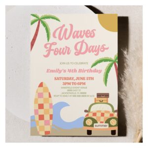 Waves Four Days Beach Surf 4th Birthday Party Invitation