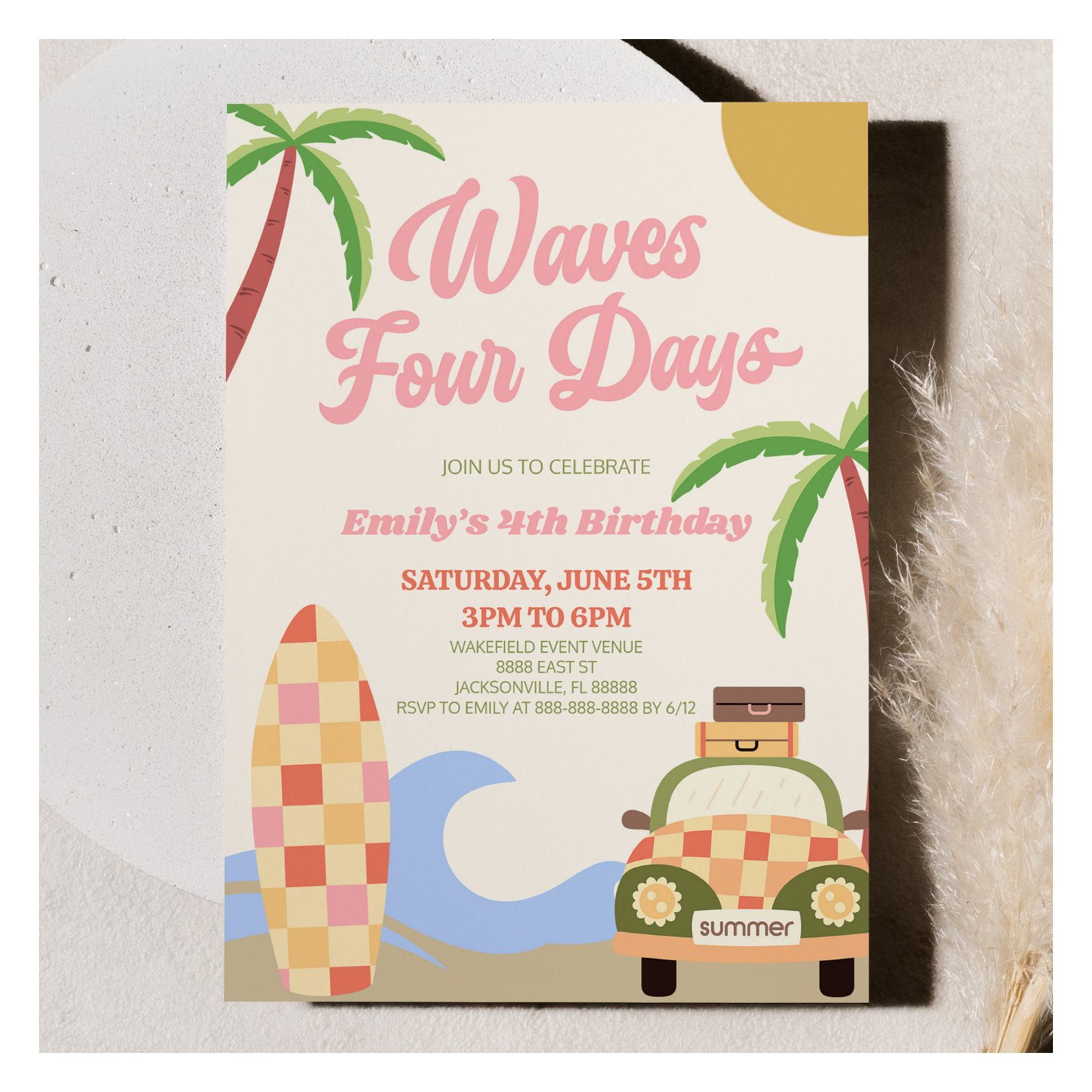Waves Four Days Beach Surf 4th Birthday Party Invitation