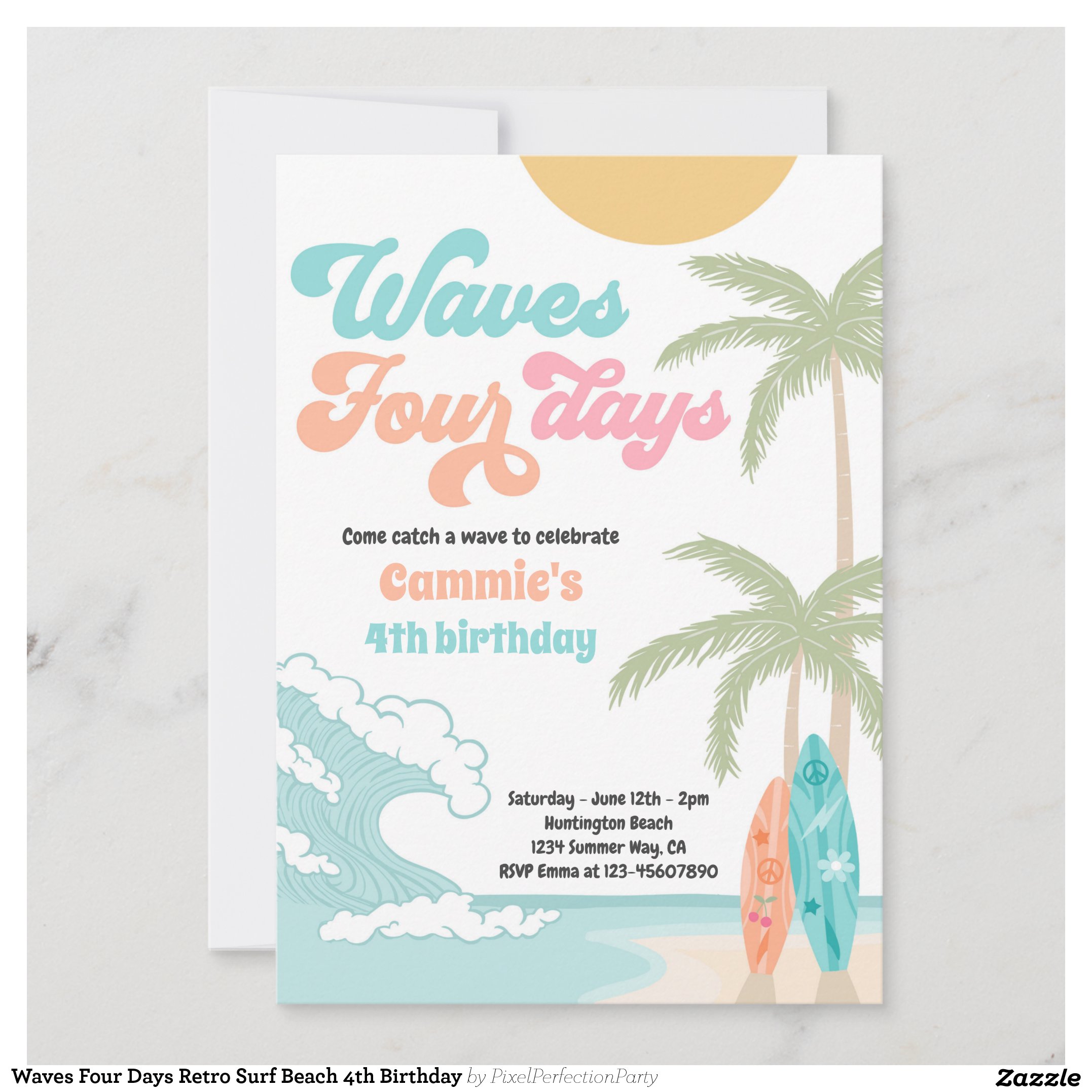 Waves Four Days Retro Surf Beach 4th Birthday Invitation