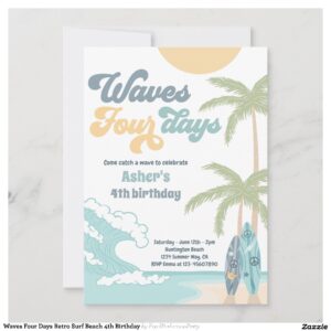 Waves Four Days Retro Surf Beach 4th Birthday Invitation